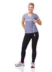 Image showing Happy woman, breast and measure tape for fitness, weight loss and health results or training progress in studio portrait. Excited model with exercise goals and diet or workout on a white background