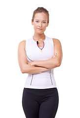 Image showing Studio, portrait and woman for fitness with arms crossed and health wellness for exercise mockup. Person, confident and face with pride for training commitment, sports fashion and white background