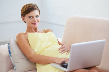 Image showing Portrait, pregnant and woman on laptop in house living room for childcare website, information or birth learning. Smile, happy or relax person on home sofa with technology, research or pregnancy blog