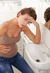 Image showing Nausea, pregnant woman and morning sickness in basin unhappy and hand on stomach for discomfort. Exhausted, moody and frustrated with illness, pregnancy and struggling with migraine pain on sink