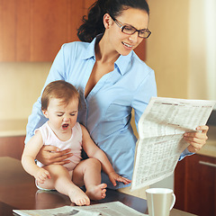 Image showing Woman, mom and baby with tantrum in home while reading, newspaper and multitasking for remote job. Single mother, toddler or little girl with upset face by growth, milestone or development in kitchen