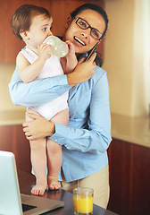 Image showing Mom, baby and phone call for work from home, business planning and multitasking in kitchen with childcare balance. Single mother, woman or freelancer talking on mobile and thinking of support or help