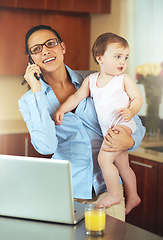 Image showing Mom, baby and phone call for home planning, thinking of business and laptop in kitchen for multitasking. Single mother or freelancer on mobile and computer for communication and career opportunity