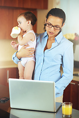 Image showing Mother, baby and laptop for work from home, online planning and business research or multitasking in kitchen. Single mom or freelancer typing on computer with child care balance and project deadline