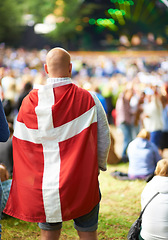 Image showing Back, music festival and a man in the flag of Denmark for celebration at a party or event in summer. Concert, audience or crowd with people outdoor on a field for carnival performance or leisure
