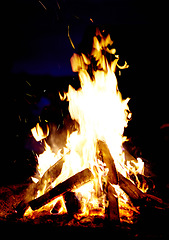 Image showing Campfire, night and wood burning outdoor in nature, forest or countryside. Bonfire flame, firewood or heating, light or glow at evening campsite, hot energy or bright spark in dark woodland fireplace