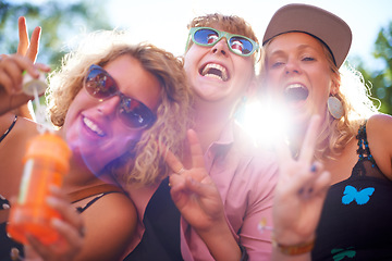 Image showing Portrait, peace sign and funny friends in sunglasses outdoor, blowing bubbles and laughing together in summer. Face, women and group of girls with v hand gesture, excited and lens flare in nature