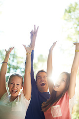 Image showing Portrait, outdoor and friends with party, excited and social event with music festival, happiness or summer. Face, people or group with lens flare, sunshine or weekend break with celebration or smile