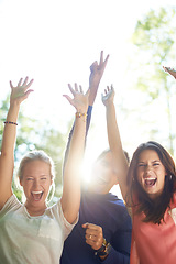 Image showing Portrait, outdoor and friends with party, happiness and social event with music festival, celebration and summer. Face, people or group with lens flare, sunshine or weekend break with joy or cheerful