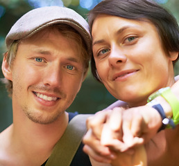 Image showing Man, woman and portrait outdoor relax for bonding romance connection, nature explore for camp experience. Happy partnership, hug embrace and smile in wood for peace adventure, together in summer sun