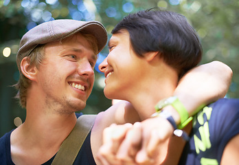 Image showing Man, woman and love outdoor relax for bonding romance connection, nature explore for camping experience. Happy partnership, hug embrace and smile in wood for peace adventure, together in summer sun