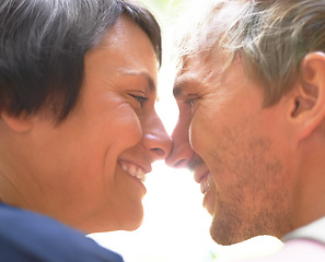 Image showing Nose touch, smile or love of couple together outdoor, healthy relationship or connection in summer. Man, woman or romantic people bonding, support or trust, face profile or intimate date in affection