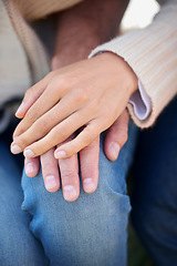 Image showing Couple, closeup and hands with love, support and trust in partnership or gratitude for marriage together. Care, man and woman bonding with solidarity, empathy and sign of kindness or connection