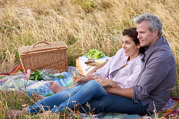 Image showing Happy, senior couple and picnic in park, grass and basket in nature for a date or celebration with love or care. Mature, woman and man in field in summer, holiday or vacation with food and drinks