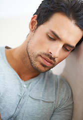 Image showing Thinking, depression and sad man in a house with mistake, guilt or grieving, crisis or anxiety. Overthinking, face and male person at home with regret, mourning or broken heart, crisis or disaster