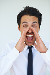 Image showing Portrait, hands and businessman shout for announcement, opinion or protest news in studio. Face of excited man scream for attention, notification or voice with sound, noise and white background.