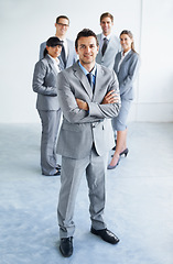 Image showing Team leader smile, arms crossed and business portrait man, lawyer or advocate legal pride, cooperation or law advisory. Government workforce, management and happy attorney for corporate consultancy