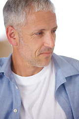 Image showing Mature man, face and thinking of memory, nostalgia or past in home with closeup. Male person, alone and sad expression for depression, mental health or stress with anxiety, worry or fear for mistake