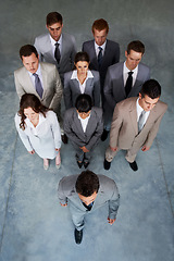 Image showing Top view, group of business people or leadership of man walking in office, staff cooperation or collaboration. Above, serious team and professional corporate employees, lawyers or solidarity together