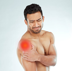 Image showing Shoulder pain, stress and asian fitness man in studio with muscle tension, arthritis or inflammation on white background. Sports, injury and face of Japanese model with fibromyalgia or osteoporosis