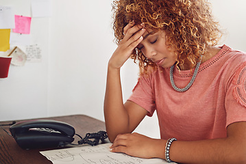 Image showing Headache, documents or woman in office for administration, paperwork report or project deadline. Migraine pain, stress or frustrated secretary at desk working on research or agenda with depression