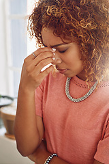 Image showing Headache, burnout or woman in office for business crisis, report mistake or project deadline. Migraine pain, failure or frustrated secretary working with depression, grief or stress in workplace
