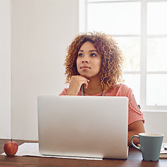 Image showing Woman thinking, business or laptop for planning at desk with technology or internet in agency. African lady, office intern or worker working on computer, website and PC for online research with ideas