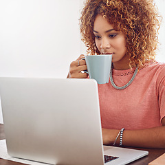 Image showing Coffee, happy woman or designer with chart for research, technology or graphs analysis on website. Data analytics, typing or female person in office drinking tea, working stats update or reading news