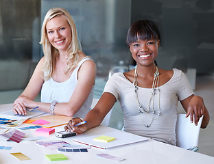 Image showing Portrait, happy woman and swatch in office for brainstorming, planning or discussion. Diversity, people and together with smile for sticky note, color and paint for mood board, design or strategy