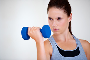 Image showing Woman, thinking or serious with dumbbells in studio, health wellness or fitness for weight loss with exercise. Young person, commitment or vision with hand weights for strong body or white background