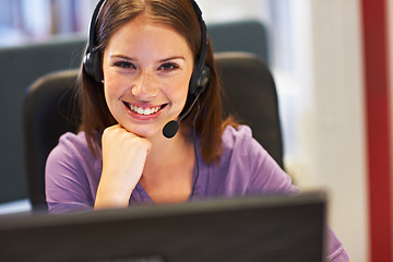 Image showing Customer service, portrait or happy professional woman for startup telemarketing job, consultation or tech support. Help desk headset, callcenter face or telecom agent pride in lead generation career