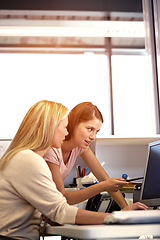 Image showing Business, training and women with computer in office for feedback, review or learning, support or advice. Corporate, coaching and woman mentor online with colleague for market research and analysis