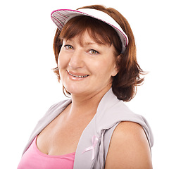 Image showing Portrait, breast cancer ribbon and mature woman smile for wellness, awareness or empathy support. Happiness, health sign campaign and studio model face with disease recognition on white background