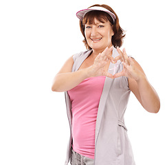 Image showing Mature portrait woman, breast cancer ribbon and heart hands for awareness, disease recovery fitness or support. Emoji care icon, survivor love gesture or studio model compassion on white background