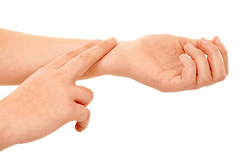 Image showing Person, hands and checking pulse rate, beat or health and wellness against a white studio background. Closeup of model fingers in cardiovascular, heart or blood pressure test or exam on mockup space