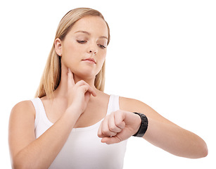 Image showing Neck pulse, watch and fitness woman check heart rate for exercise, physical assessment or wellness test. Studio smartwatch, clock time and training model track heartbeat isolated on white background