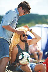 Image showing Men, friends and music festival or fun camping outdoor concert for summer event, entertainment park or games. Male people, wig and laughing for funny at tent on nature field, party or celebration