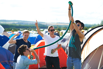 Image showing Alcohol, festival or drunk friends drinking together, beer beverage or outdoor social event. Summer music concert, party games celebration or excited people with freedom, hose funnel or pipe tube