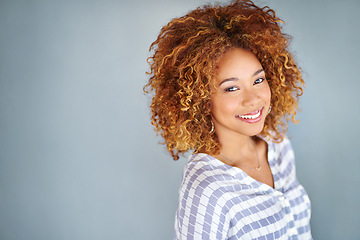 Image showing Portrait, happy and creative business woman isolated on a gray background mockup space. Face, professional smile and designer employee, female entrepreneur or young worker at startup in South Africa