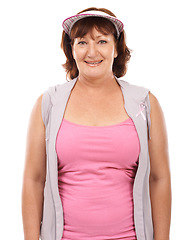 Image showing Awareness, breast cancer ribbon and mature portrait woman with wellness, disease recovery fitness or empathy support. Smile, health sign or model with bow icon for studio campaign on white background