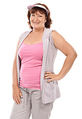 Image showing Confidence, breast cancer ribbon and mature portrait woman with awareness, disease recovery or empathy support. Smile, survivor pride and model bow icon for studio campaign on white background