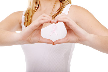 Image showing Studio, breast cancer ribbon or person heart hands, awareness campaign or survivor support. Emoji care icon, boobs health sign and closeup model love for chest disease recognition on white background