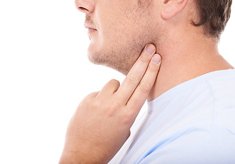 Image showing Man, hand and checking pulse on neck for rate, beat or health and wellness against a white studio background. Closeup of male person finger touching for heart monitoring or blood pressure on mockup