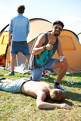 Image showing Sleeping, drunk or friends on grass in festival hangover in a social celebration or party or concert. Portrait, thumbs up or happy people drinking alcohol on outdoor music event or holiday vacation