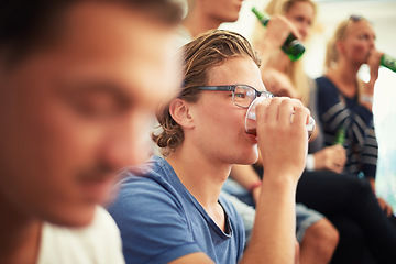 Image showing Group of friends at music festival with drinks, beer and relax together at concert event. Alcohol, men and women at celebration, outdoor party or summer adventure with happy people in nature for fun.