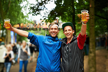 Image showing Beer, nature festival portrait and happy friends smile for fun bond, wellness beverage cup or woods social event. Forest music concert, drunk men or outdoor people excited for alcohol drinks