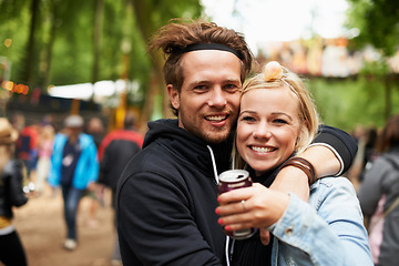 Image showing Happy couple, portrait and outdoor festival for love, care or support at party, DJ event or music. Man and woman hug with smile in embrace, affection or trust for festive or summer celebration