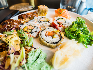 Image showing Sushi platter with maki, nigiri and wakame