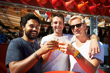 Image showing Happy man, friends and cheers at music festival, bar or event for summer party or DJ concert. Portrait of male person or group smile with beer toast for friendship at carnival or outdoor cafe stand