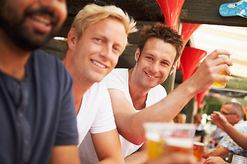 Image showing Happy man, friends and drinking at music festival, cafe or event for summer party or DJ concert. Portrait of male person smile with alcohol or beer for friendship at carnival or outdoor bar stand